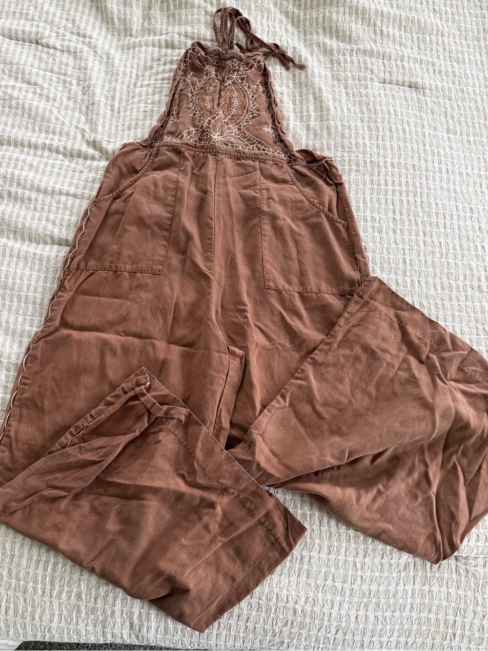 Anthropologie Lace Yoke Halter Jumpsuit - Rust Brown